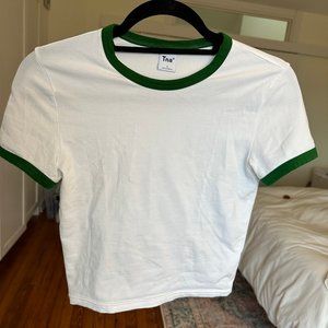 Aritzia TNA White Crewneck Baby Tee with Green Trim Detailing